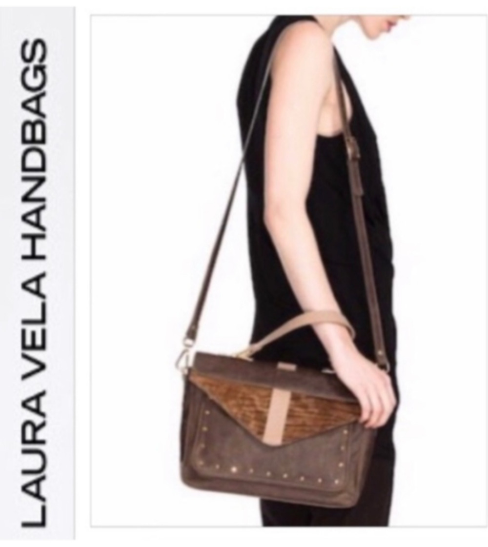 LAURA VELA Designer Leather & Fur Studded Luxe Convertible Hand / Crossbody Bag